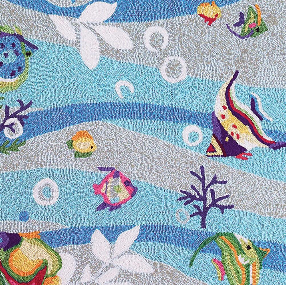 A vibrant blue hand-hooked indoor accent rug featuring marine life designs, perfect for enhancing home decor.