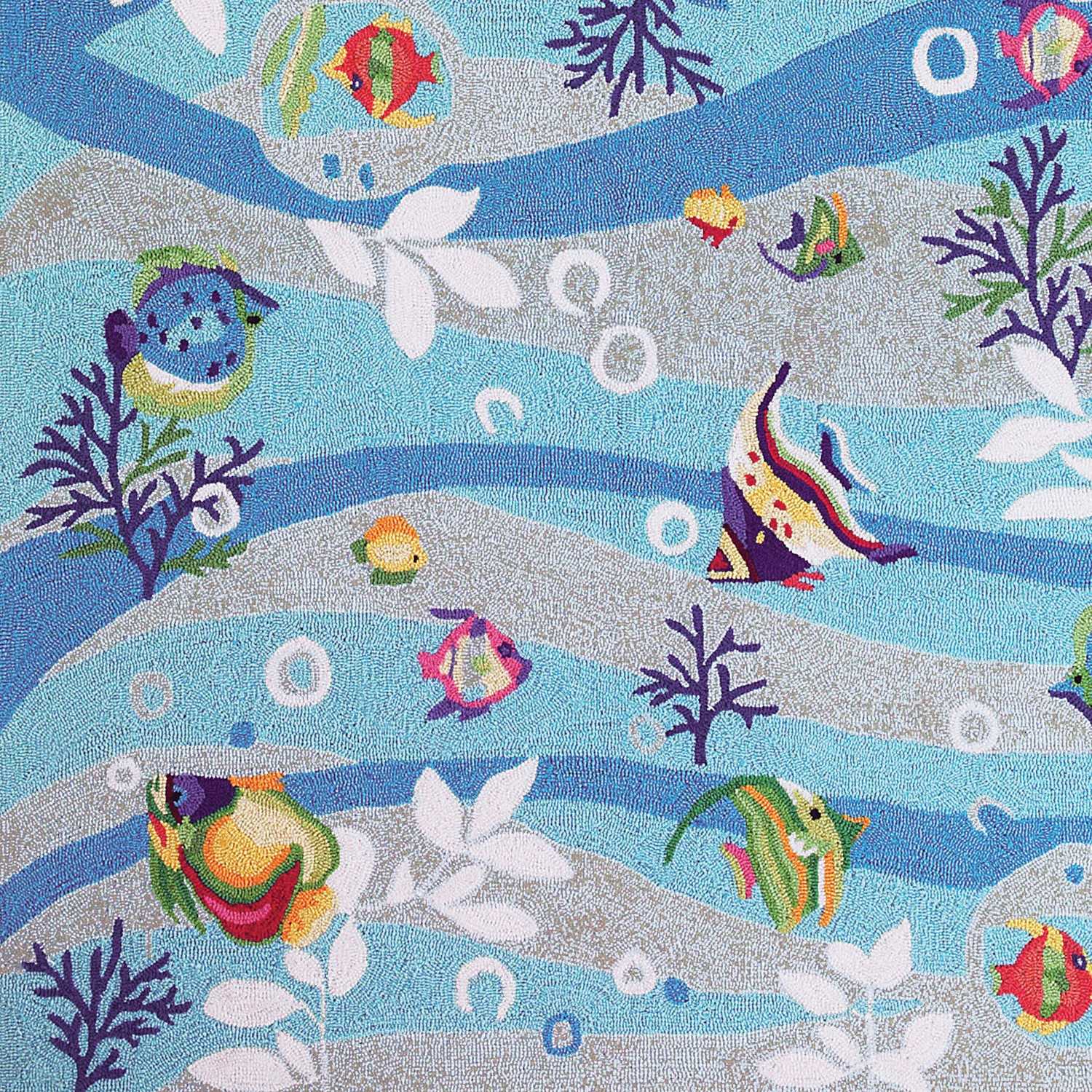 A vibrant blue hand-hooked indoor accent rug featuring marine life designs, perfect for enhancing home decor.