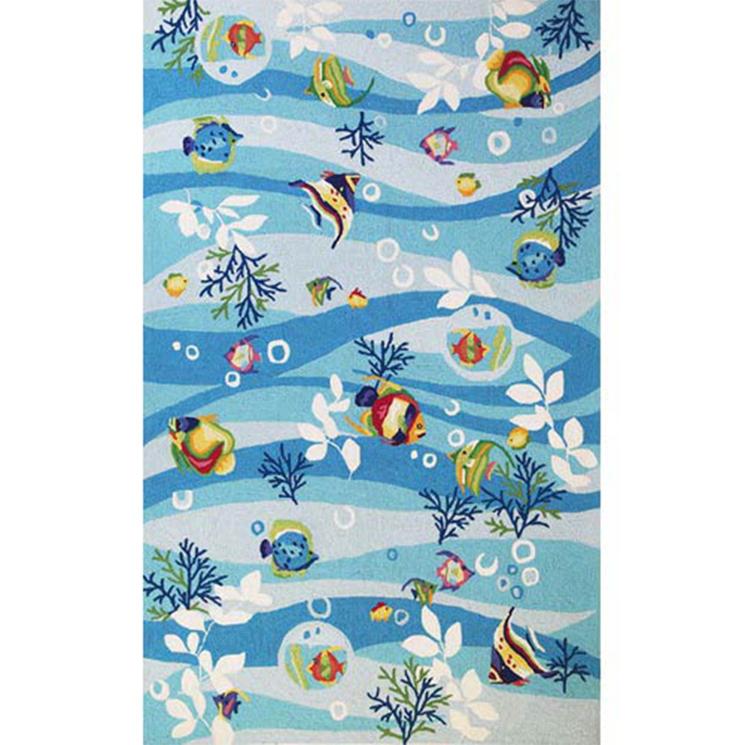 A vibrant blue hand-hooked indoor accent rug featuring marine life designs, perfect for enhancing home decor.