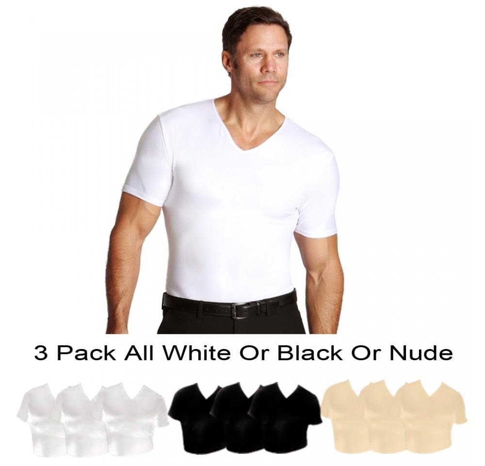 Three pack of Insta Slim Compression V-Neck T-shirts in various sizes, showcasing their sleek design and comfortable fit.