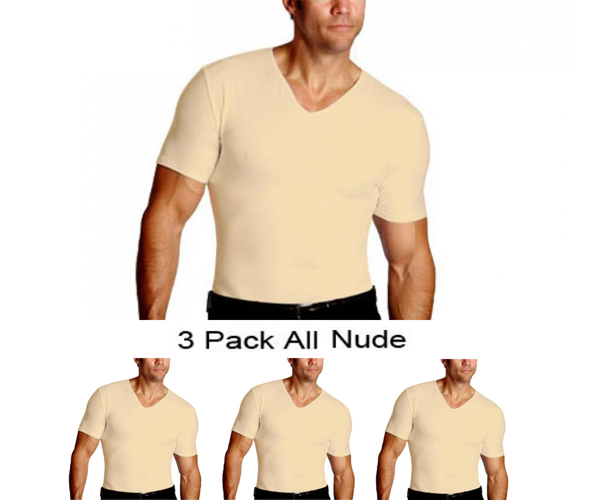 Three pack of Insta Slim Compression V-Neck T-shirts in various sizes, showcasing their sleek design and comfortable fit.