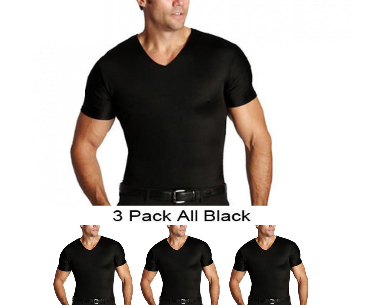 Three pack of Insta Slim Compression V-Neck T-shirts in various sizes, showcasing their sleek design and comfortable fit.