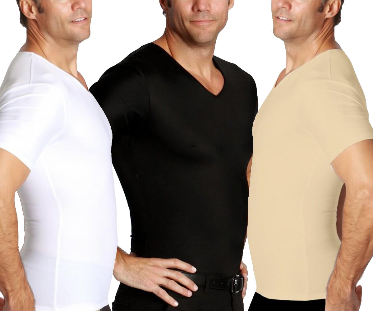 Three pack of Insta Slim Compression V-Neck T-shirts in various sizes, showcasing their sleek design and comfortable fit.