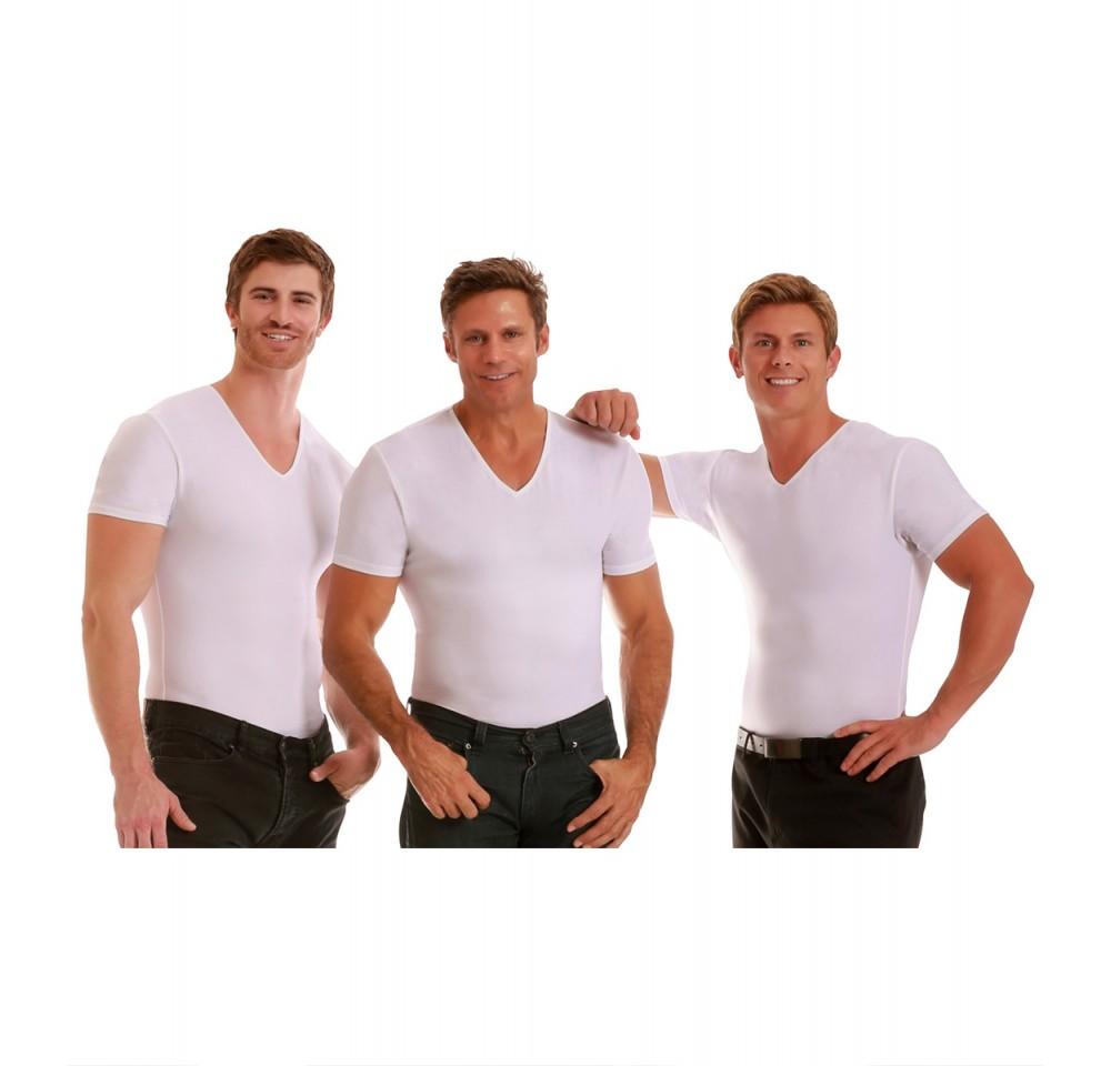 Three pack of Insta Slim Compression V-Neck T-shirts in various sizes, showcasing their sleek design and comfortable fit.