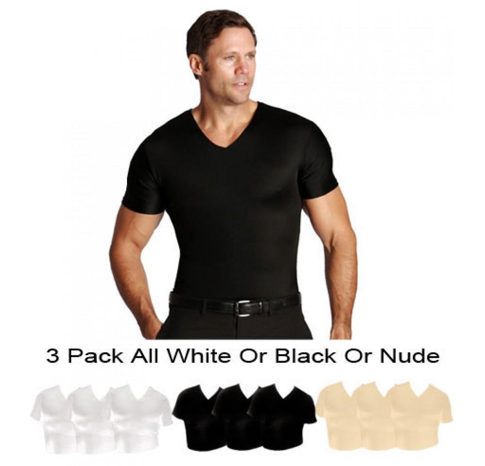 Three pack of Insta Slim Compression V-Neck T-shirts in various sizes, showcasing their sleek design and comfortable fit.