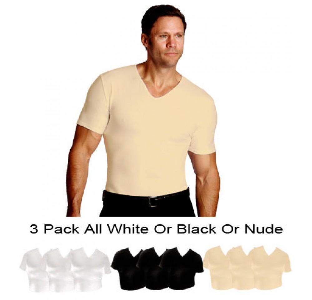 Three pack of Insta Slim Compression V-Neck T-shirts in various sizes, showcasing their sleek design and comfortable fit.