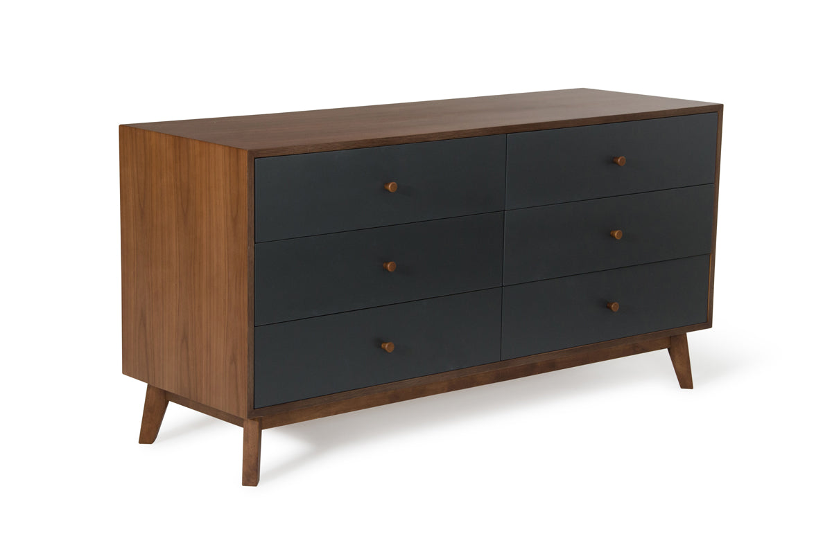 30-inch grey and walnut veneer MDF dresser with six drawers, showcasing its elegant design and spacious storage.