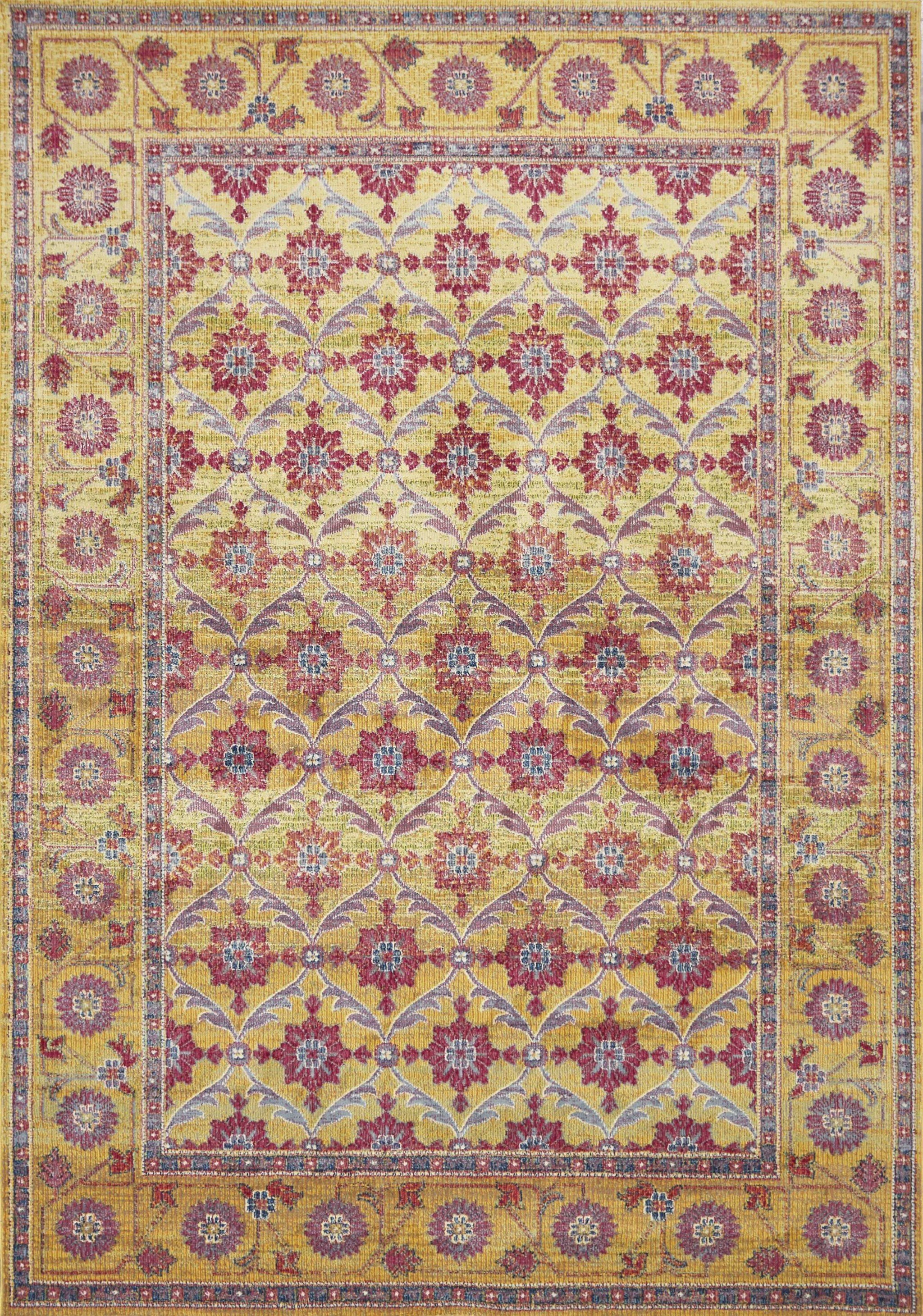 A luxurious 31" x 96" gold polypropylene runner rug with intricate vintage-inspired patterns, perfect for enhancing home decor.