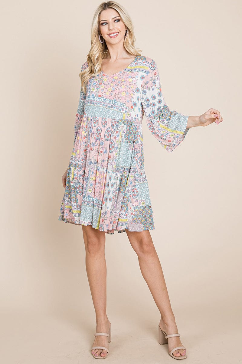 A stylish 3/4 sleeve pleated floral flowy boho swing dress, featuring a V-neck and vibrant floral patterns, perfect for various occasions.