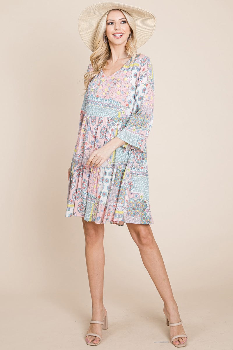 A stylish 3/4 sleeve pleated floral flowy boho swing dress, featuring a V-neck and vibrant floral patterns, perfect for various occasions.