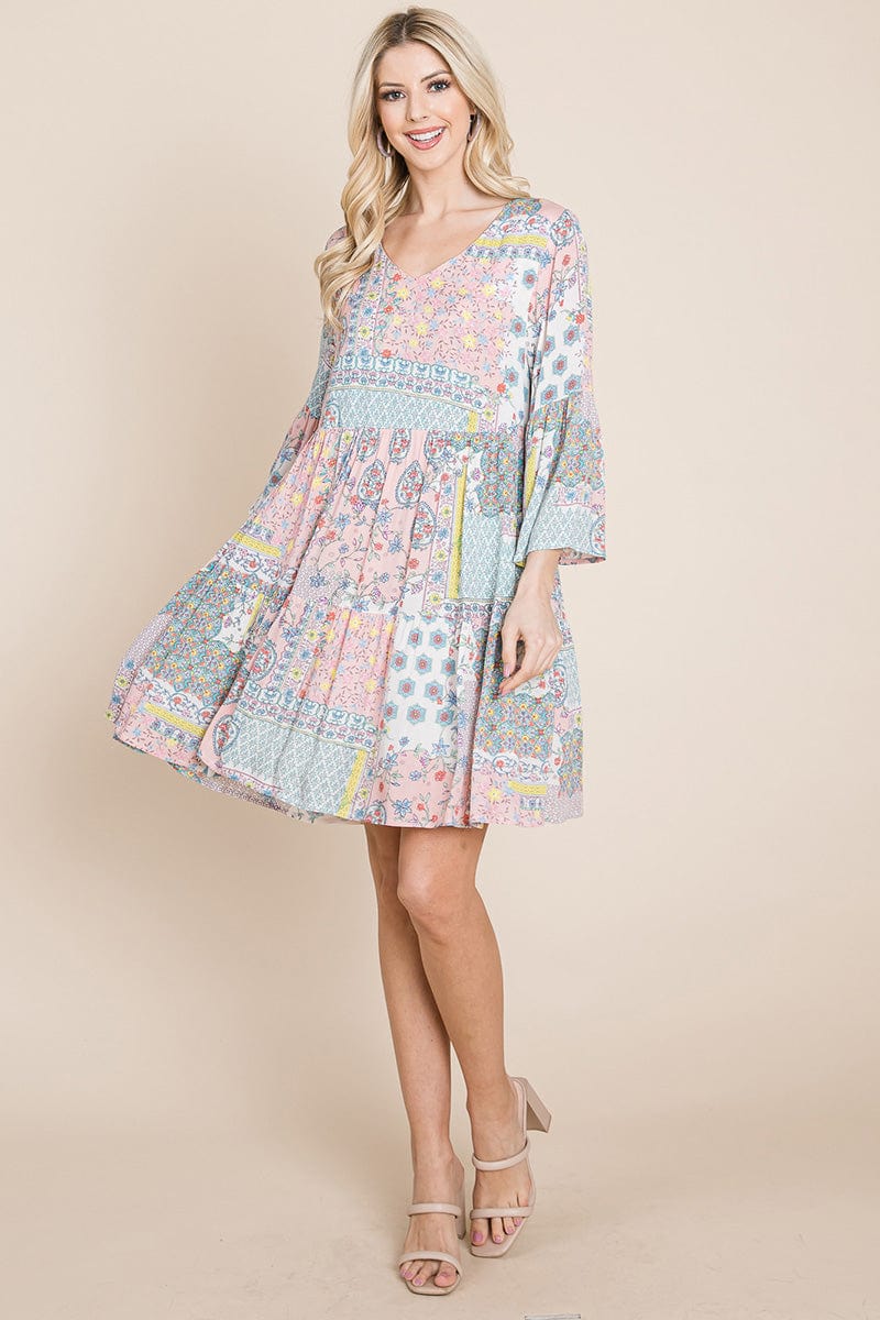 A stylish 3/4 sleeve pleated floral flowy boho swing dress, featuring a V-neck and vibrant floral patterns, perfect for various occasions.