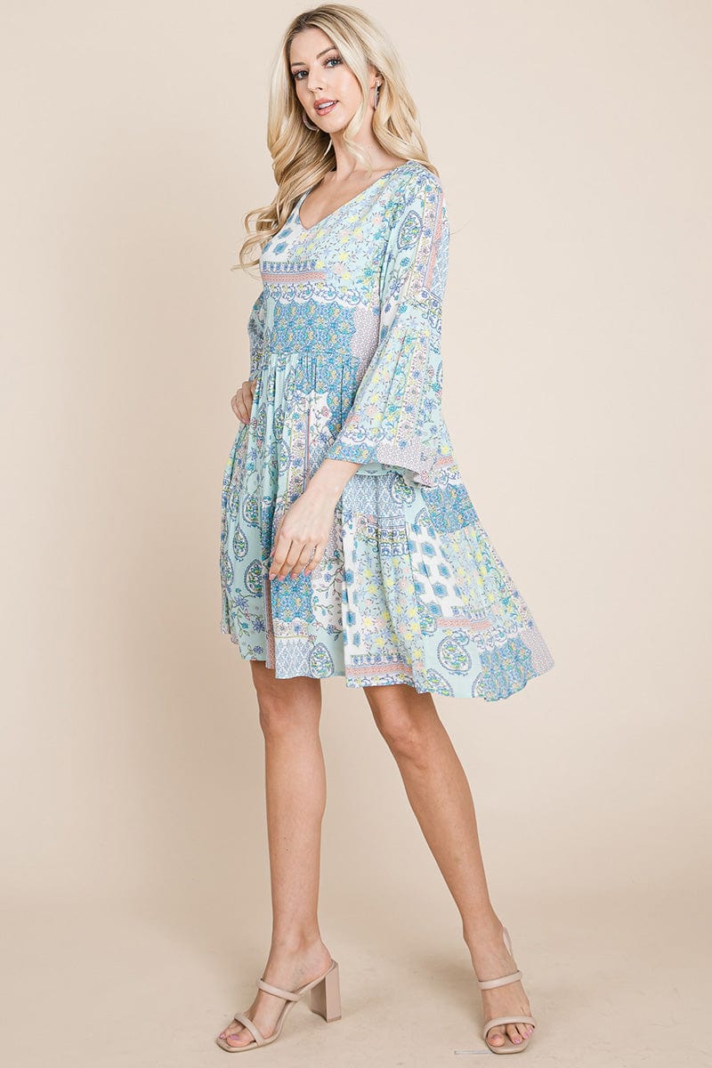 A stylish 3/4 sleeve pleated floral flowy boho swing dress, featuring a V-neck and vibrant floral patterns, perfect for various occasions.