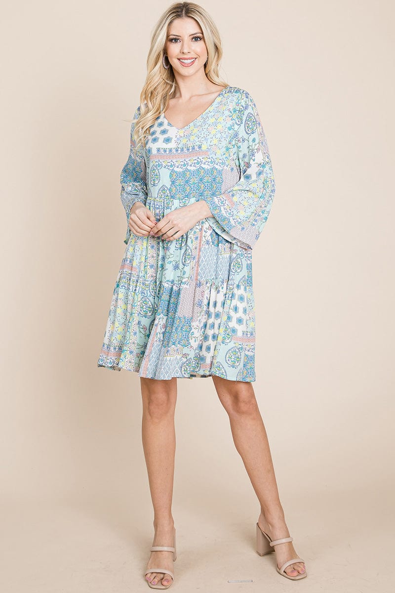 A stylish 3/4 sleeve pleated floral flowy boho swing dress, featuring a V-neck and vibrant floral patterns, perfect for various occasions.