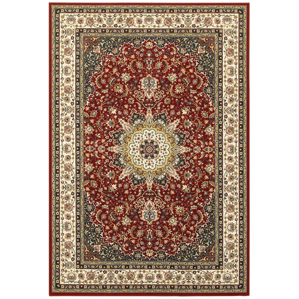 3 inches x 6 inches Red Ivory Machine Woven Oriental Indoor Area Rug featuring intricate Persian-inspired patterns and floral medallion.