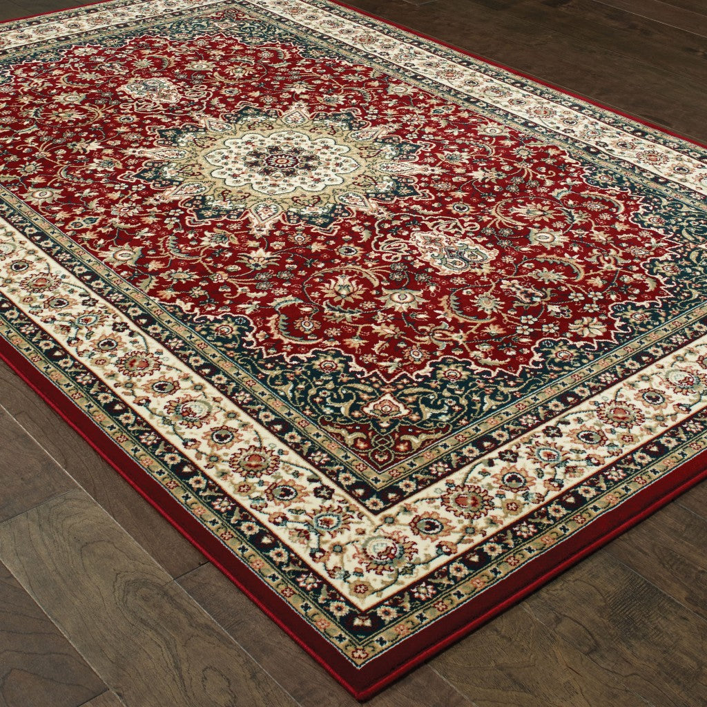 3 inches x 6 inches Red Ivory Machine Woven Oriental Indoor Area Rug featuring intricate Persian-inspired patterns and floral medallion.