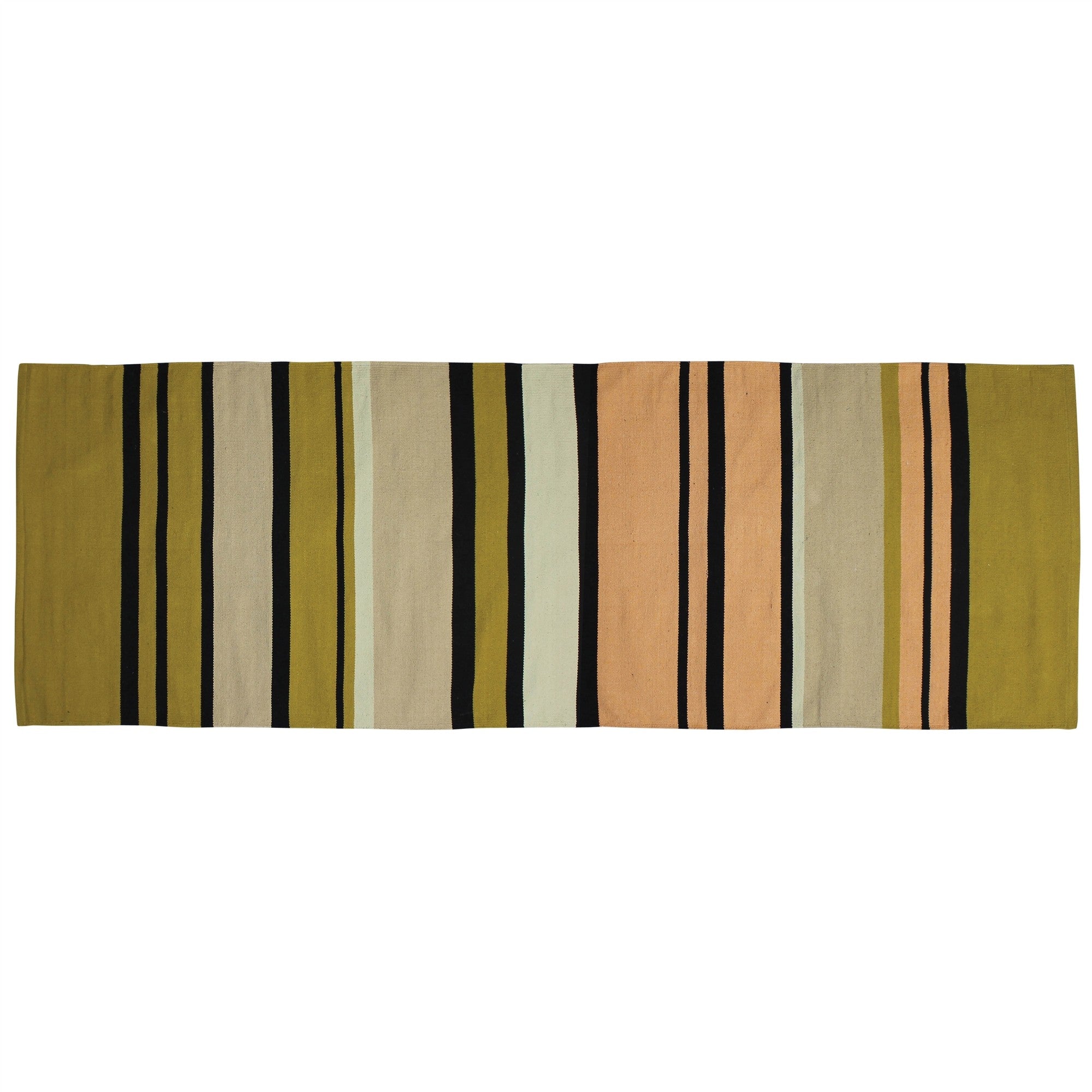 A vibrant 3inches X 8inches multicolored stripes runner rug featuring earthy hues and a soft cotton texture, ideal for enhancing indoor spaces.