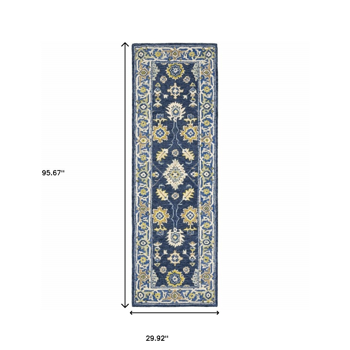 Navy and blue bohemian area rug with floral motifs on a muted navy backdrop, showcasing vibrant colors and luxurious wool texture.