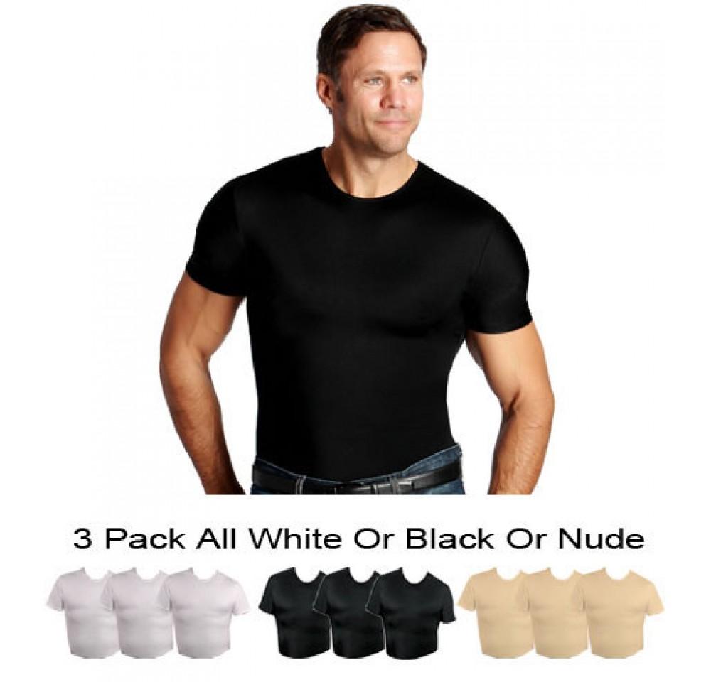 Three compression crew neck T-shirts in various sizes, designed for big and tall men, showcasing a sleek and slimming fit.