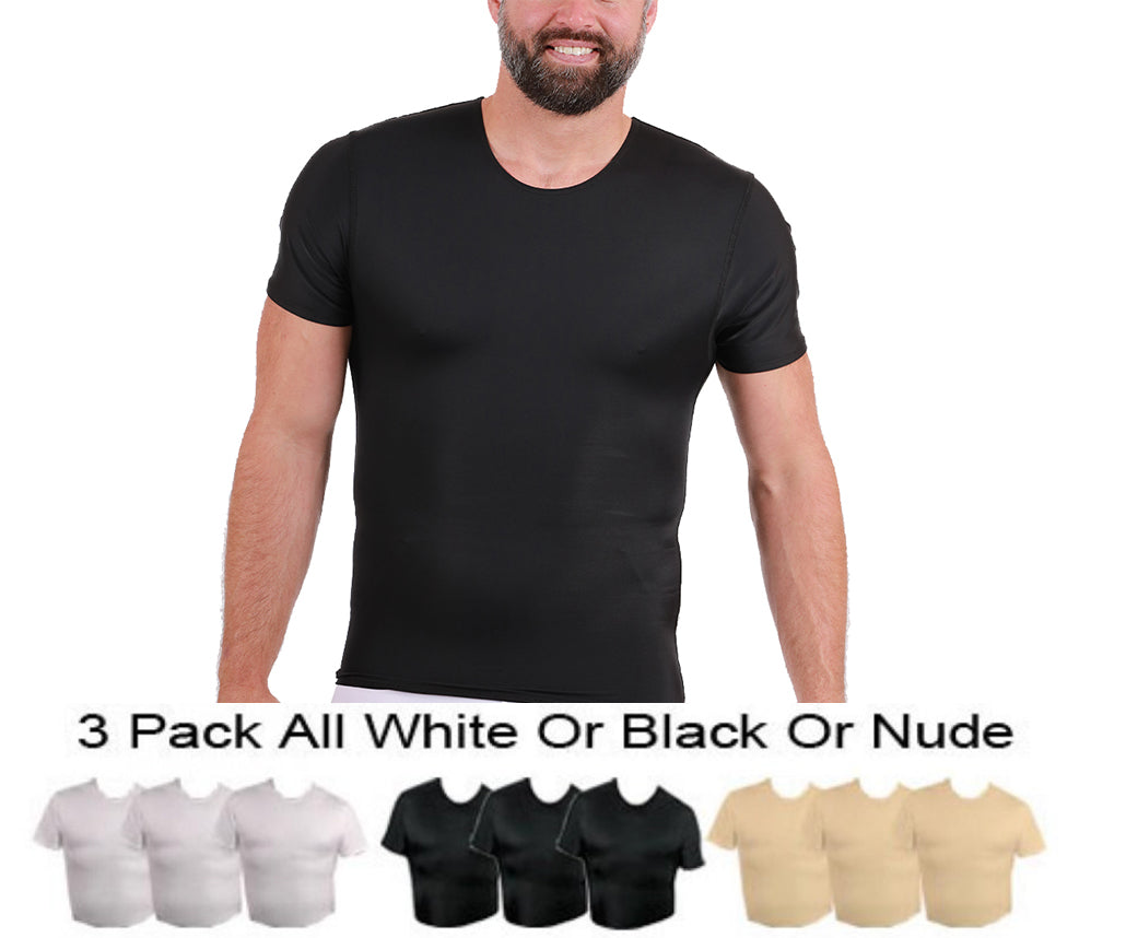 Three compression crew neck T-shirts in various sizes, designed for big and tall men, showcasing a sleek and slimming fit.