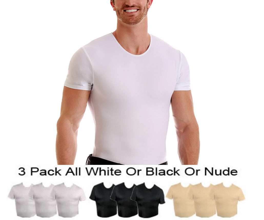 Three compression crew neck T-shirts in various sizes, designed for big and tall men, showcasing a sleek and slimming fit.