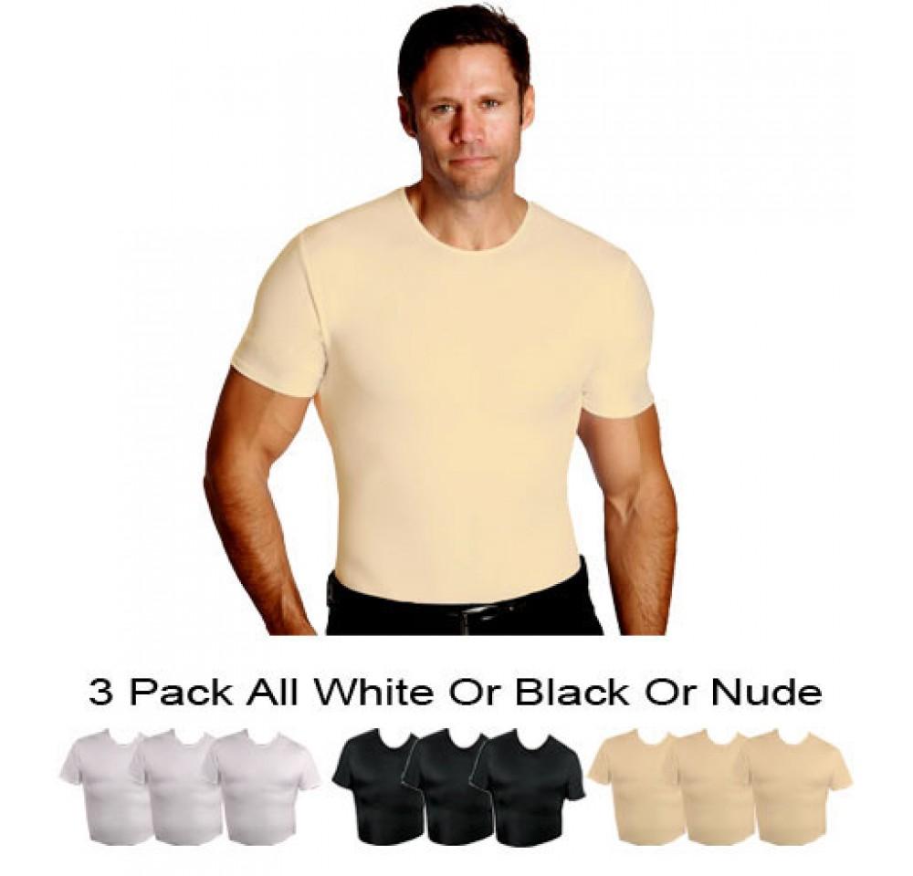 Three compression crew neck T-shirts in various sizes, designed for big and tall men, showcasing a sleek and slimming fit.