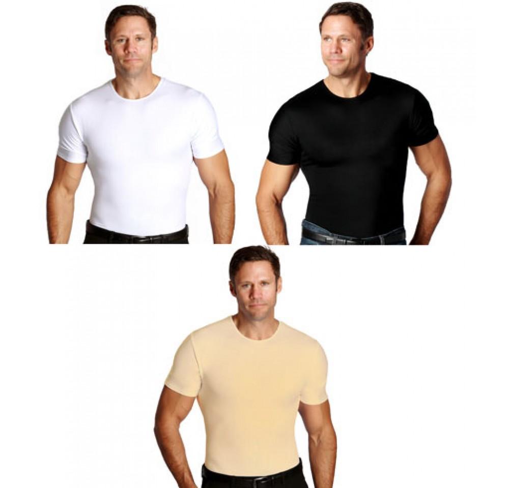 Three compression crew neck T-shirts in various sizes, designed for big and tall men, showcasing a sleek and slimming fit.