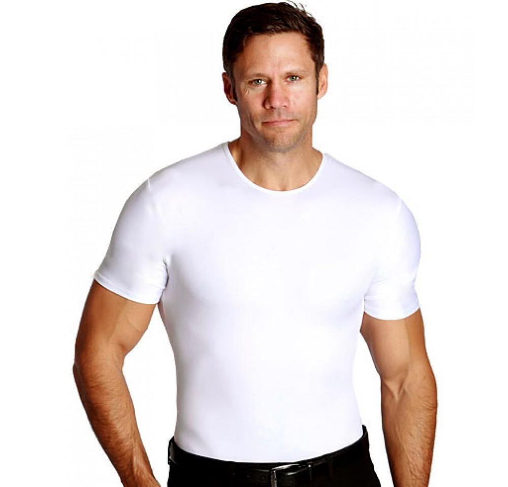 Three compression crew neck T-shirts in various sizes, designed for big and tall men, showcasing a sleek and slimming fit.