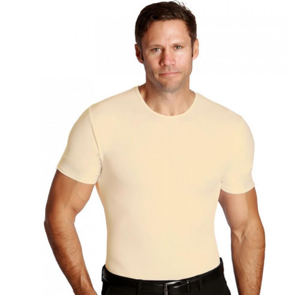 Three compression crew neck T-shirts in various sizes, designed for big and tall men, showcasing a sleek and slimming fit.