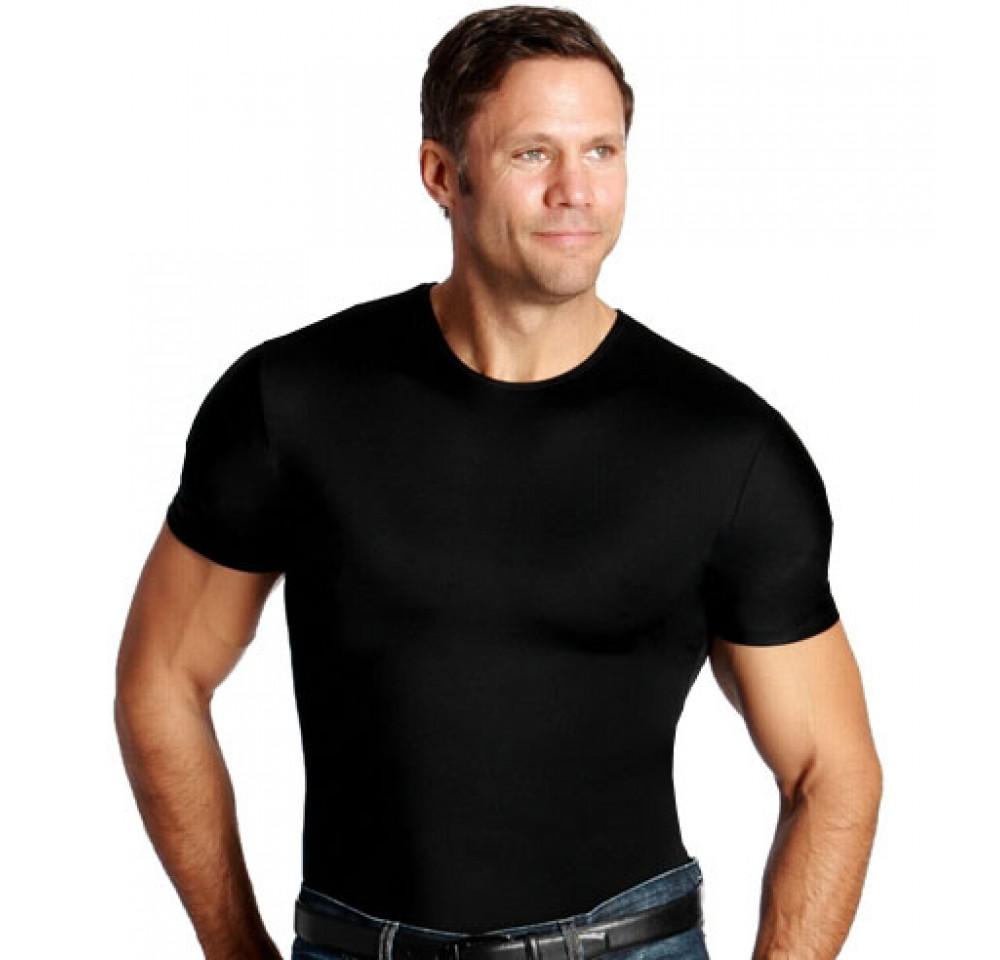 Three compression crew neck T-shirts in various sizes, designed for big and tall men, showcasing a sleek and slimming fit.