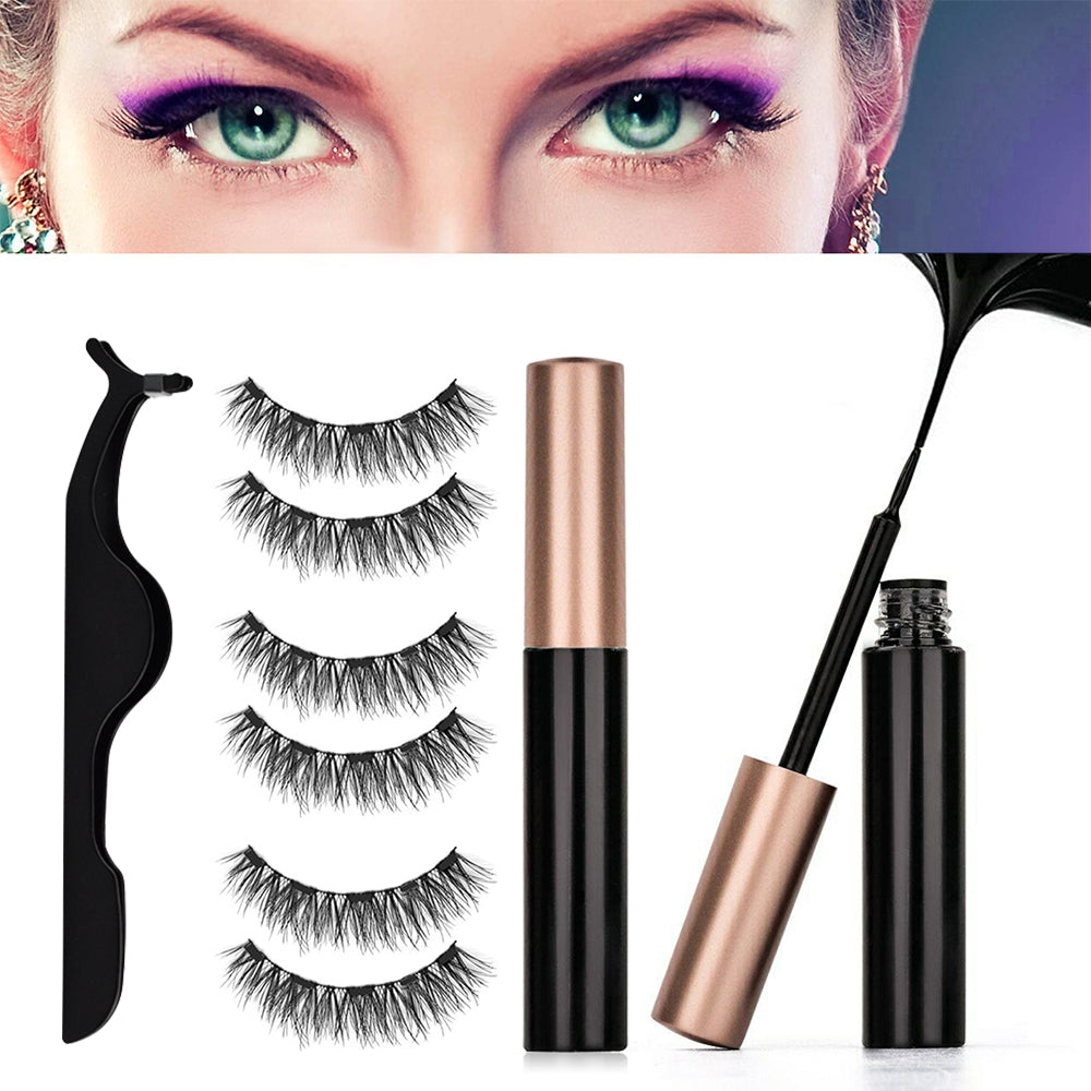 3Pairs Magnetic Liquid Eyeliner with False Eyelashes and Tweezers Set, showcasing the eyeliner tube, three pairs of lashes, and tweezers in an elegant case.