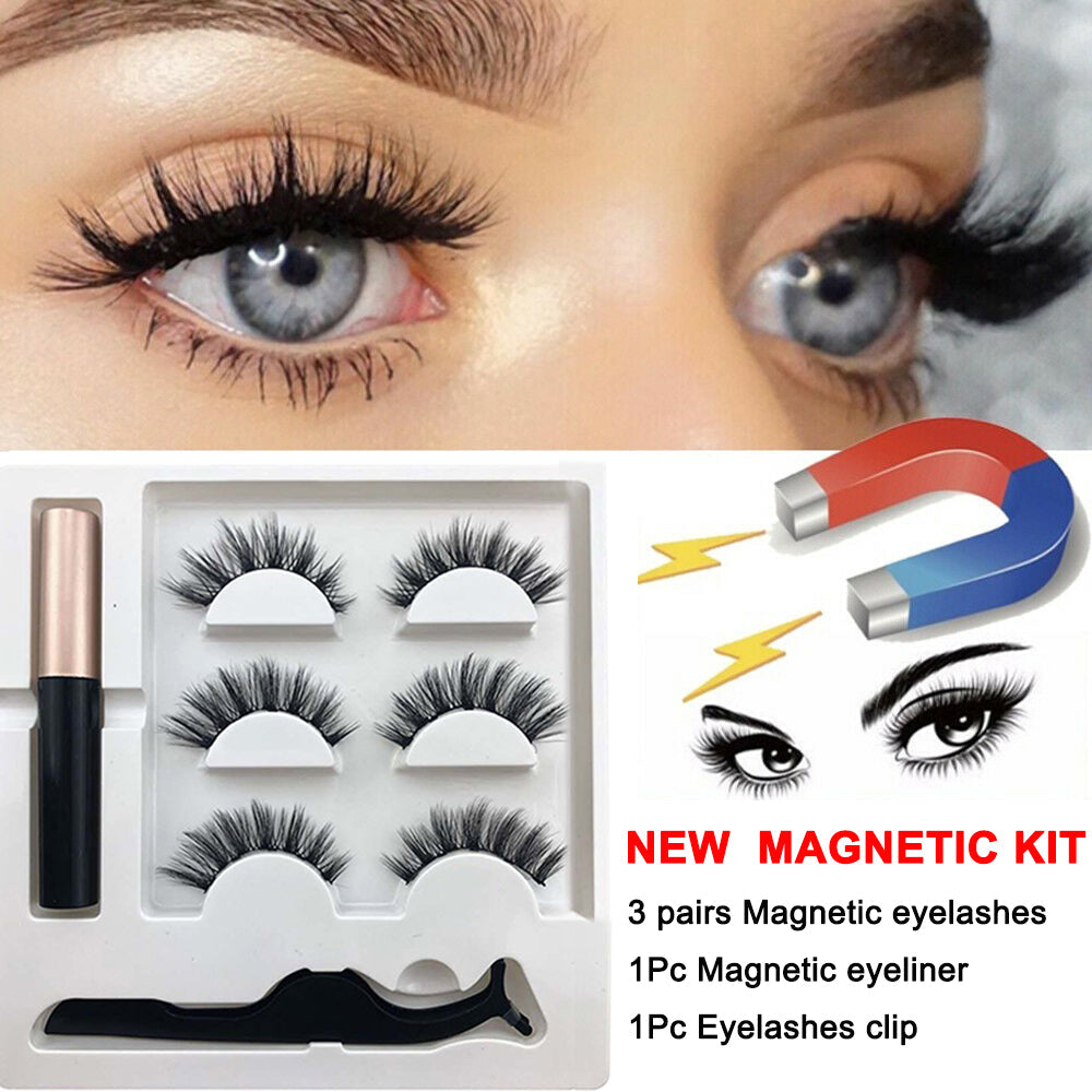 3Pairs Magnetic Liquid Eyeliner with False Eyelashes and Tweezers Set, showcasing the eyeliner tube, three pairs of lashes, and tweezers in an elegant case.