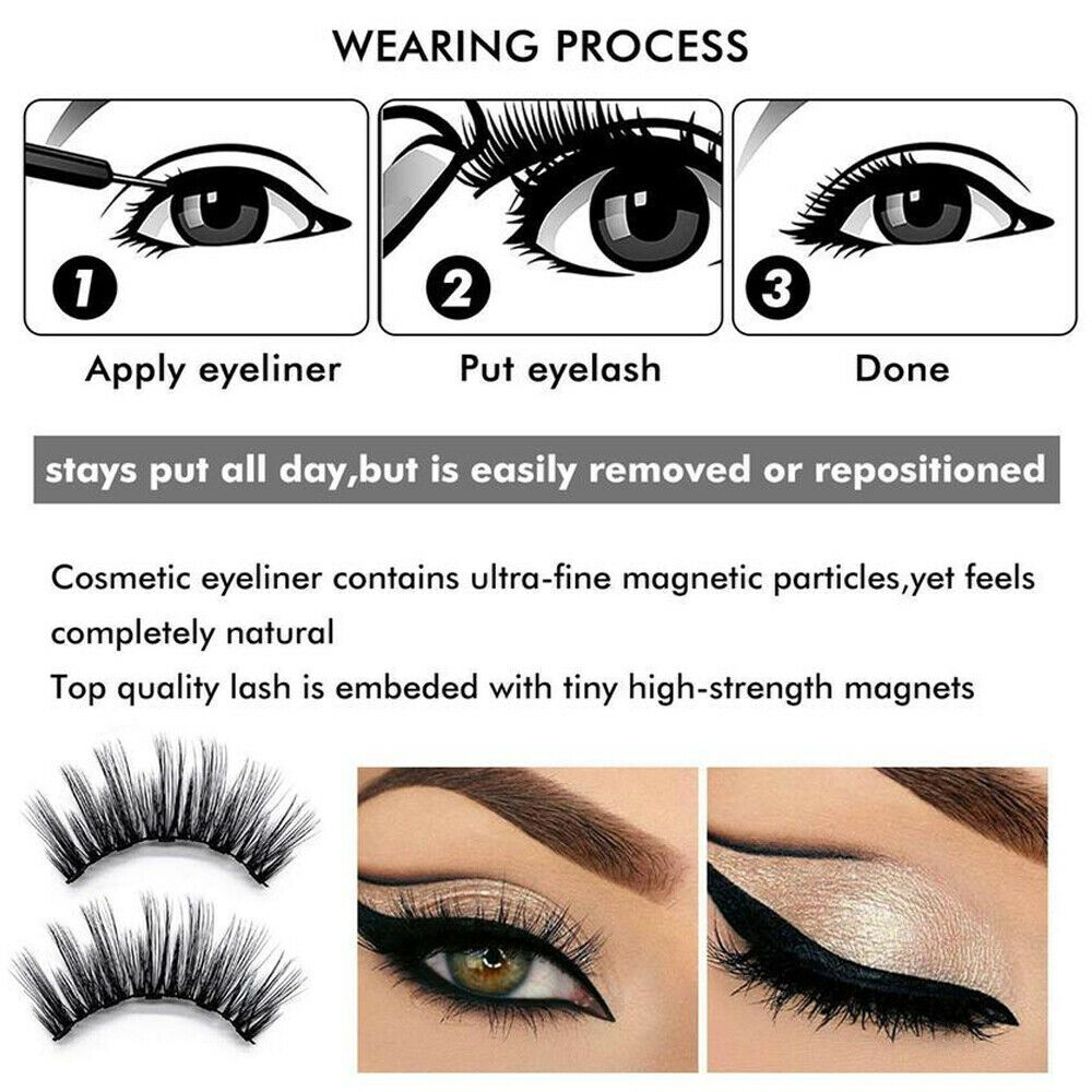 3Pairs Magnetic Liquid Eyeliner with False Eyelashes and Tweezers Set, showcasing the eyeliner tube, three pairs of lashes, and tweezers in an elegant case.