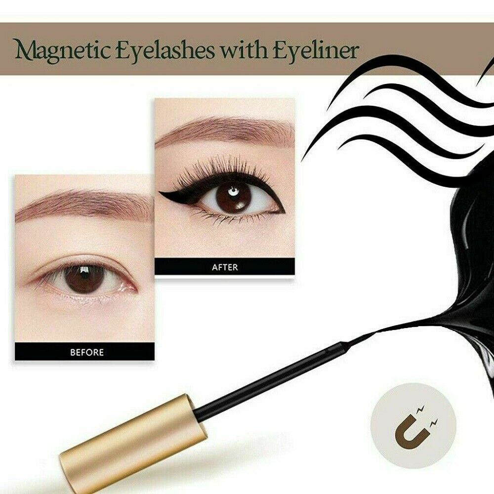 3Pairs Magnetic Liquid Eyeliner with False Eyelashes and Tweezers Set, showcasing the eyeliner tube, three pairs of lashes, and tweezers in an elegant case.