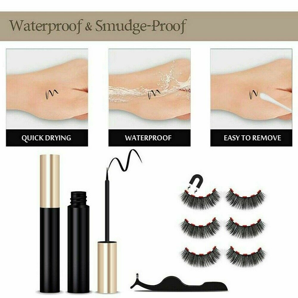 3Pairs Magnetic Liquid Eyeliner with False Eyelashes and Tweezers Set, showcasing the eyeliner tube, three pairs of lashes, and tweezers in an elegant case.