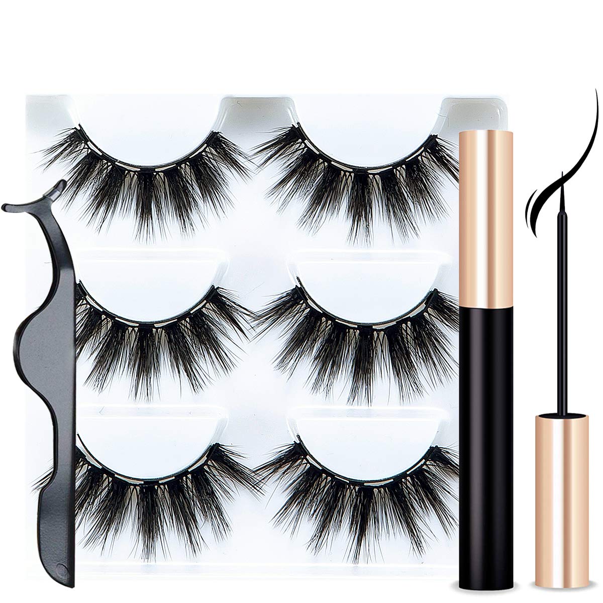 3Pairs Magnetic Liquid Eyeliner with False Eyelashes and Tweezers Set, showcasing the eyeliner tube, three pairs of lashes, and tweezers in an elegant case.