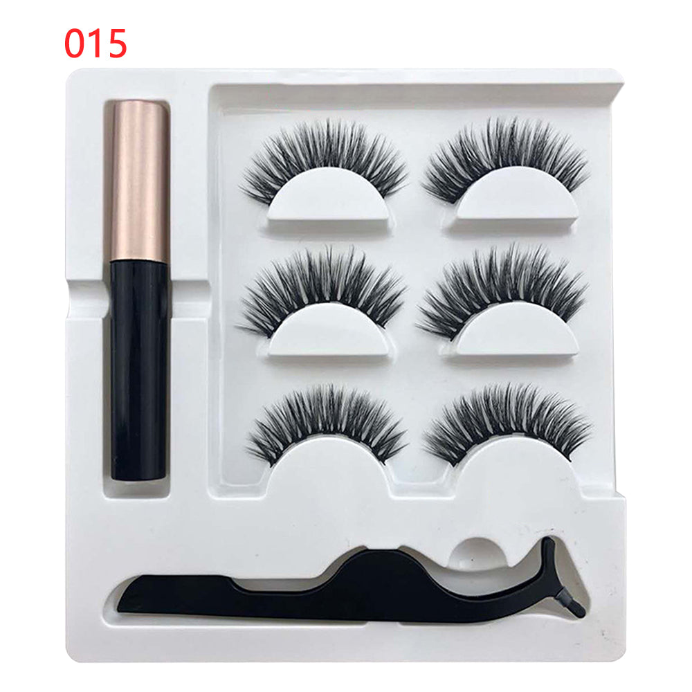 3Pairs Magnetic Liquid Eyeliner with False Eyelashes and Tweezers Set, showcasing the eyeliner tube, three pairs of lashes, and tweezers in an elegant case.