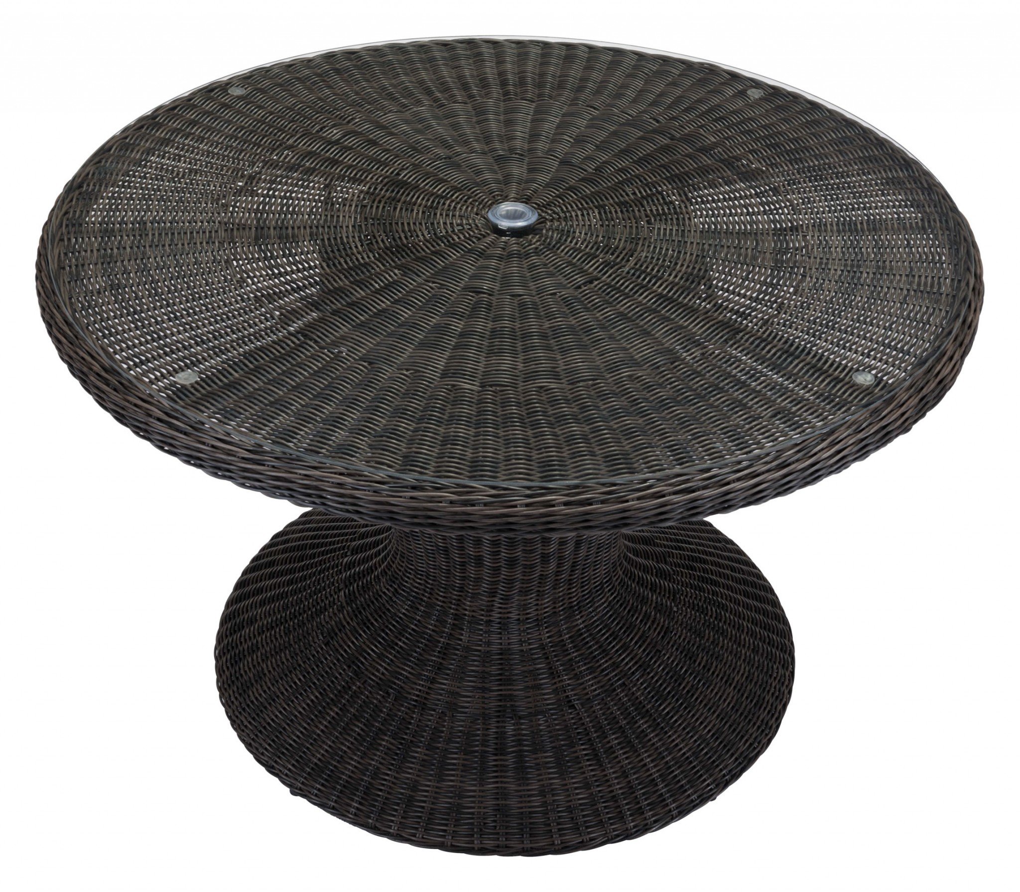 A stylish 48" round dining table featuring a tempered glass top and a brown synthetic weave base, perfect for outdoor settings.