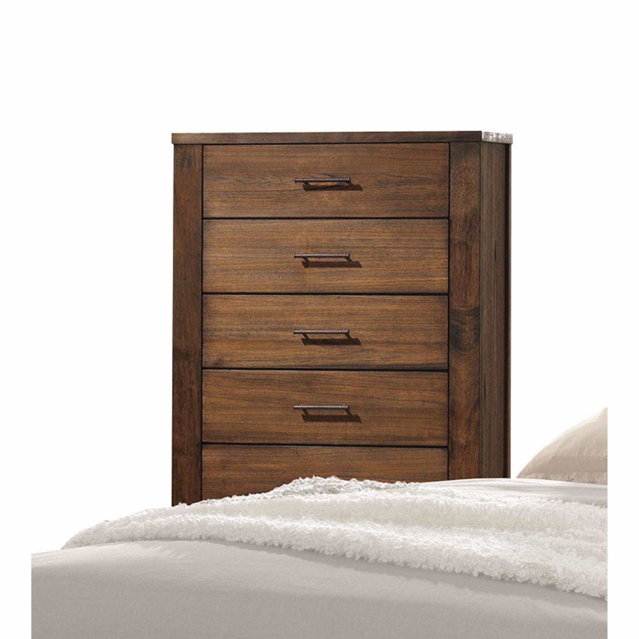 48-inch oak finish 5 drawer chest dresser featuring brass metal hardware, showcasing its elegant design and spacious drawers.