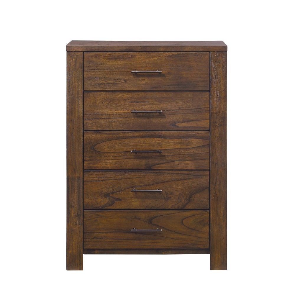 48-inch oak finish 5 drawer chest dresser featuring brass metal hardware, showcasing its elegant design and spacious drawers.