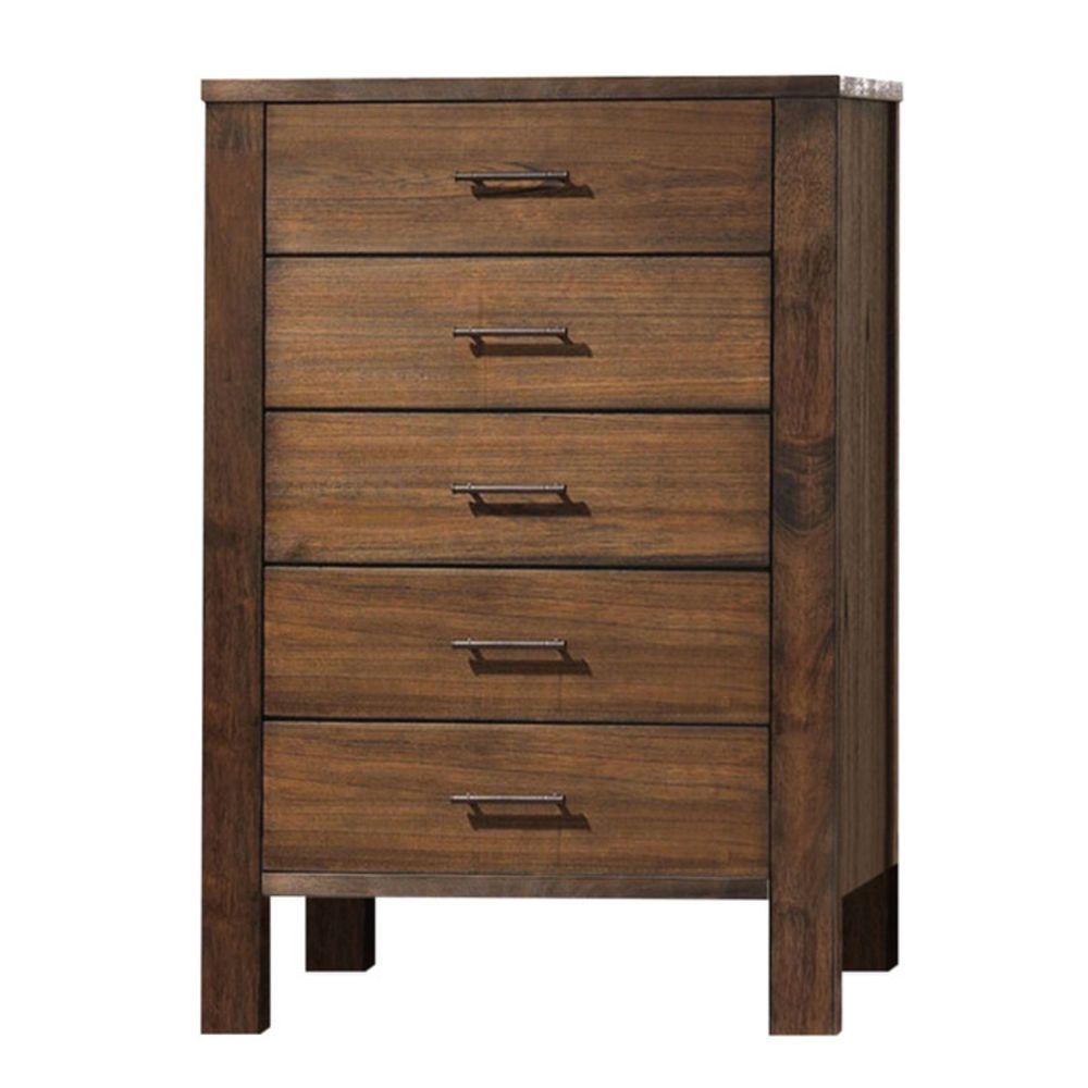 48-inch oak finish 5 drawer chest dresser featuring brass metal hardware, showcasing its elegant design and spacious drawers.