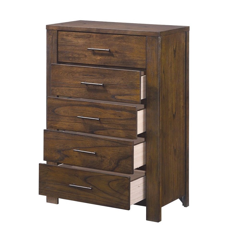 48-inch oak finish 5 drawer chest dresser featuring brass metal hardware, showcasing its elegant design and spacious drawers.