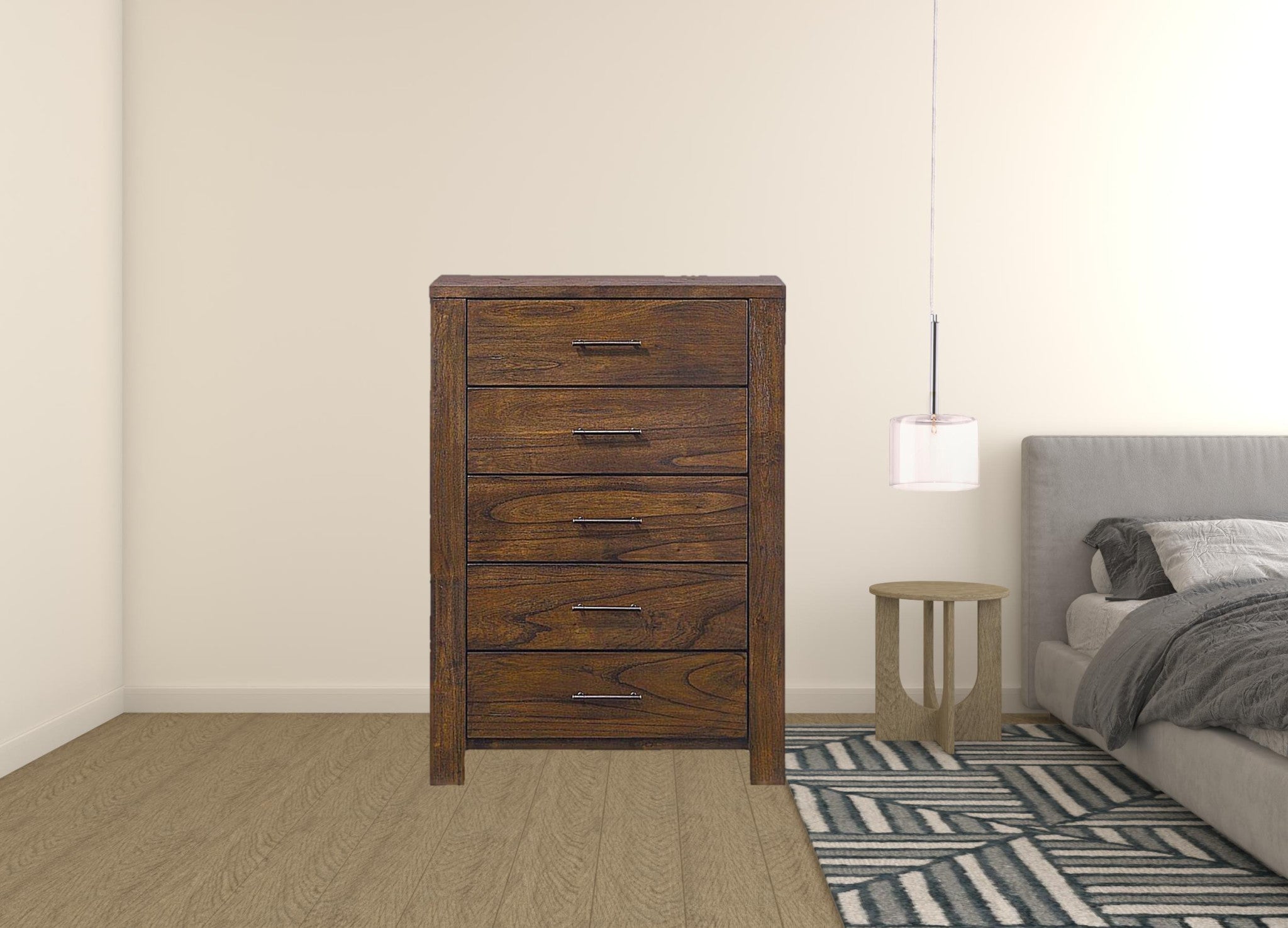 48-inch oak finish 5 drawer chest dresser featuring brass metal hardware, showcasing its elegant design and spacious drawers.