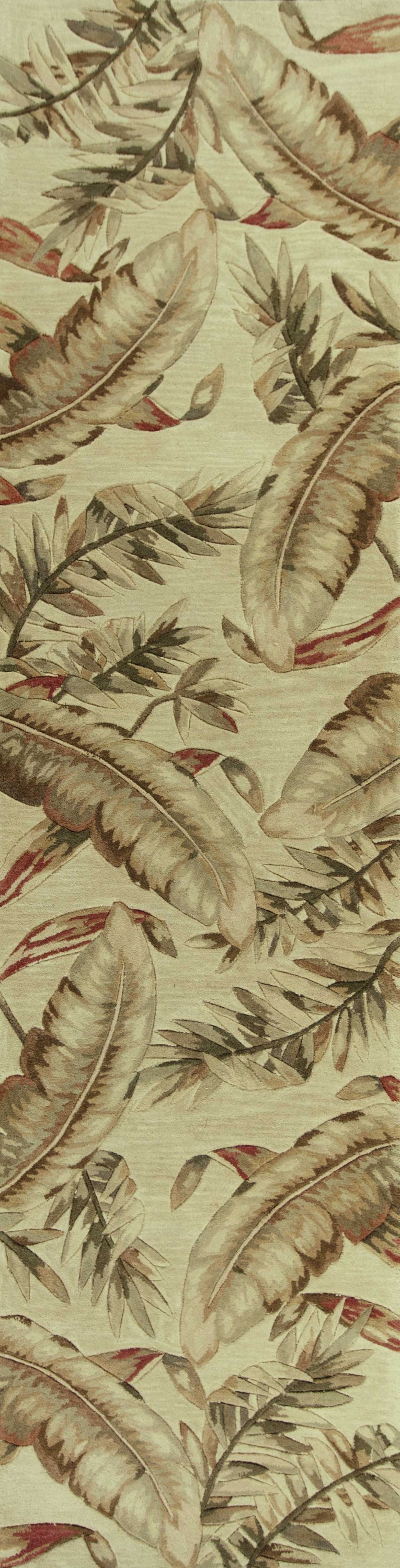 Ivory hand-tufted indoor area rug featuring tropical leaves design, showcasing intricate patterns and a vintage finish.