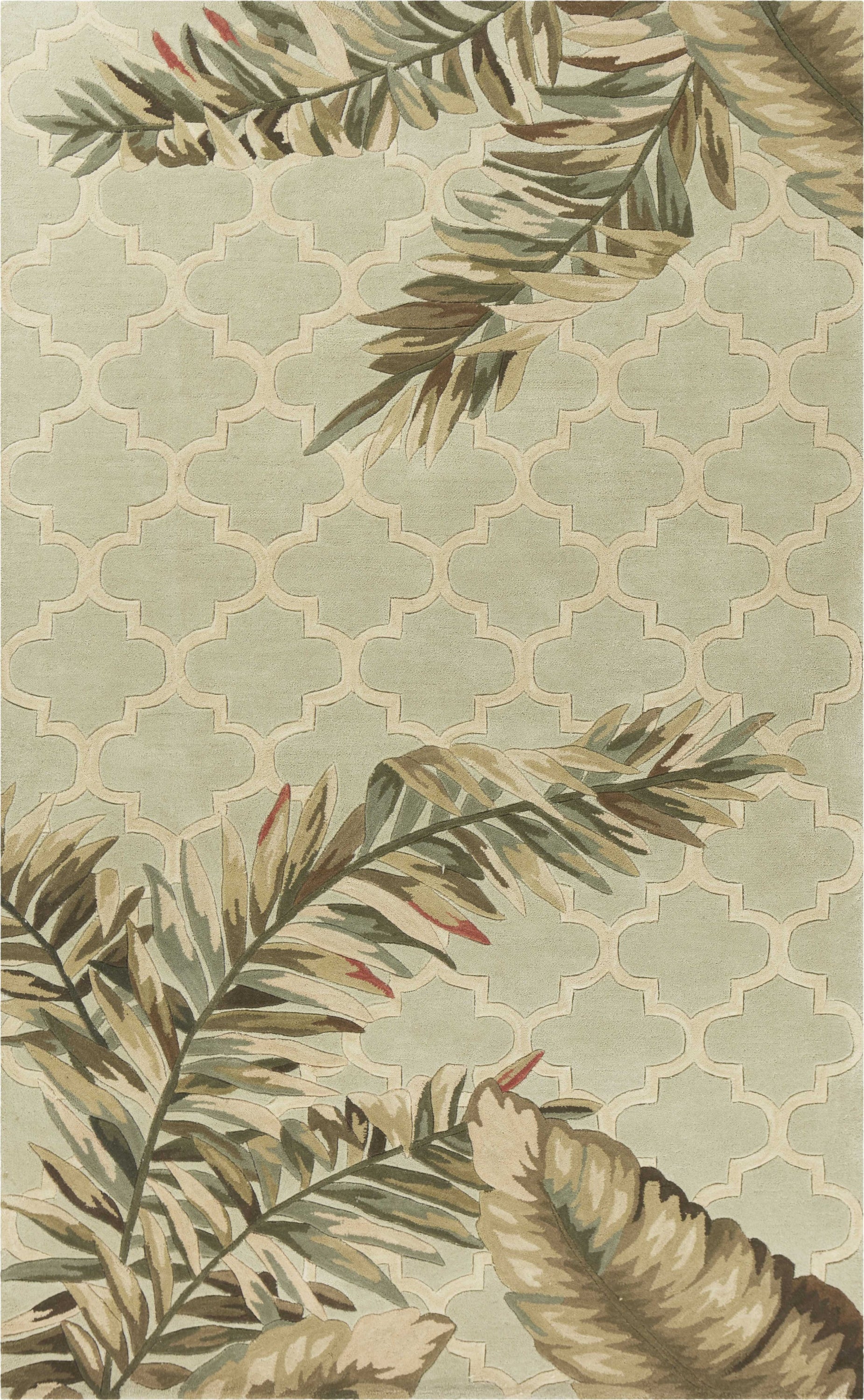 Sage green hand-tufted tropical quatrefoil indoor area rug, showcasing elegant design and soft texture.