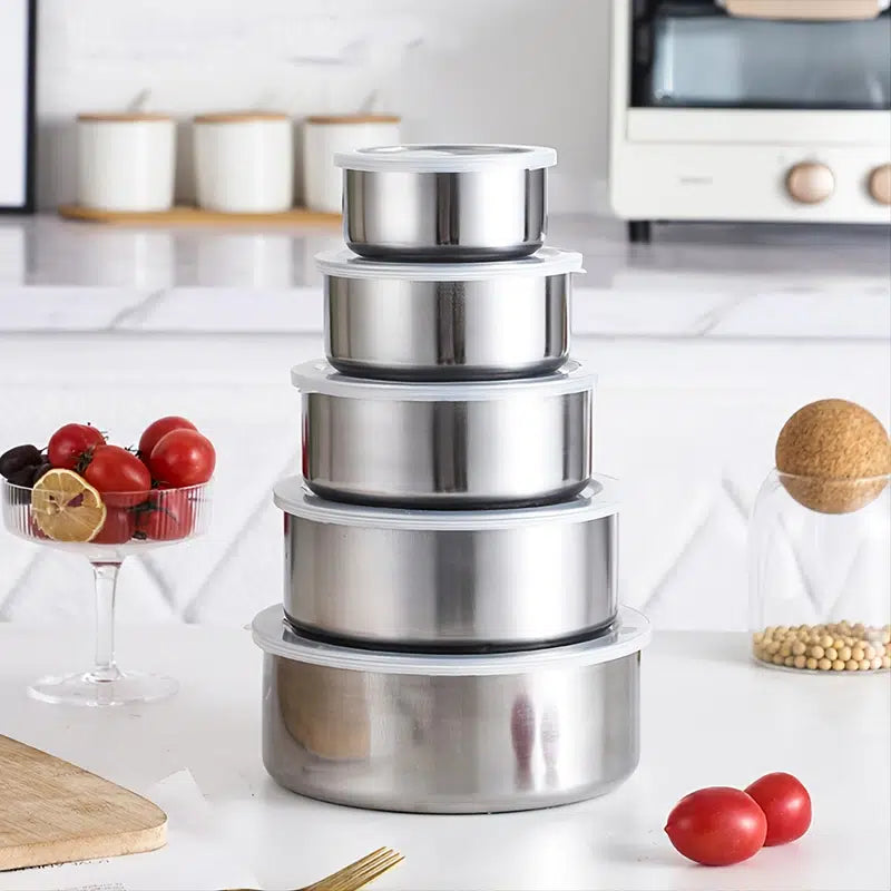 5 Piece Stainless Steel Food Storage Set featuring round containers with airtight lids, ideal for food storage and meal prep.