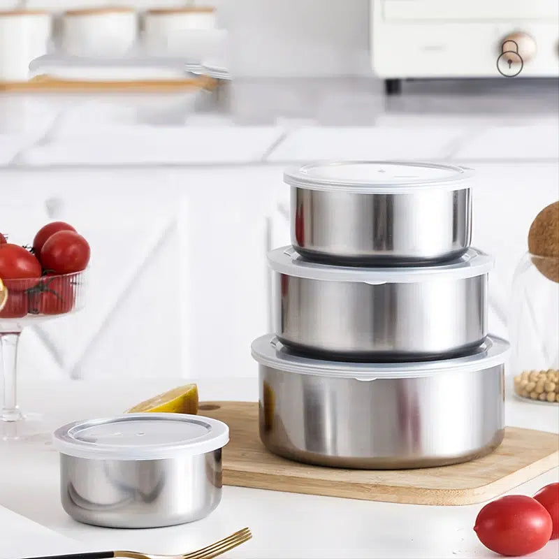 5 Piece Stainless Steel Food Storage Set featuring round containers with airtight lids, ideal for food storage and meal prep.