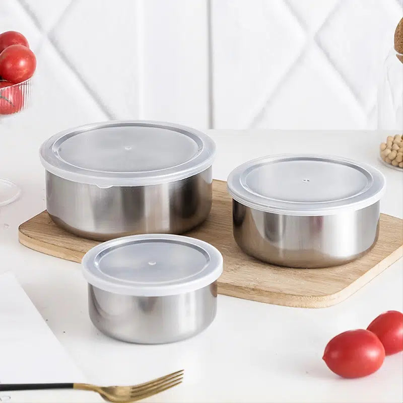 5 Piece Stainless Steel Food Storage Set featuring round containers with airtight lids, ideal for food storage and meal prep.