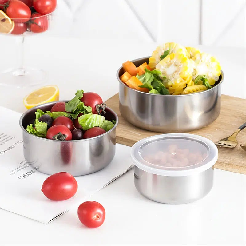 5 Piece Stainless Steel Food Storage Set featuring round containers with airtight lids, ideal for food storage and meal prep.