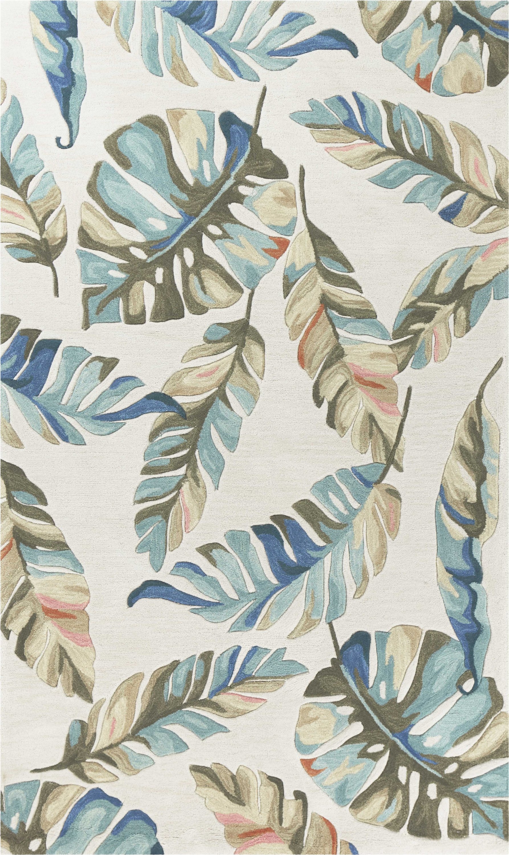 5' x 7' Ivory and Blue Palms Area Rug featuring a vibrant palm tree design in shades of blue and green.