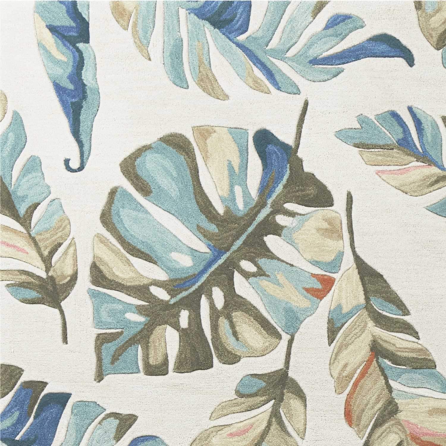 5' x 7' Ivory and Blue Palms Area Rug featuring a vibrant palm tree design in shades of blue and green.